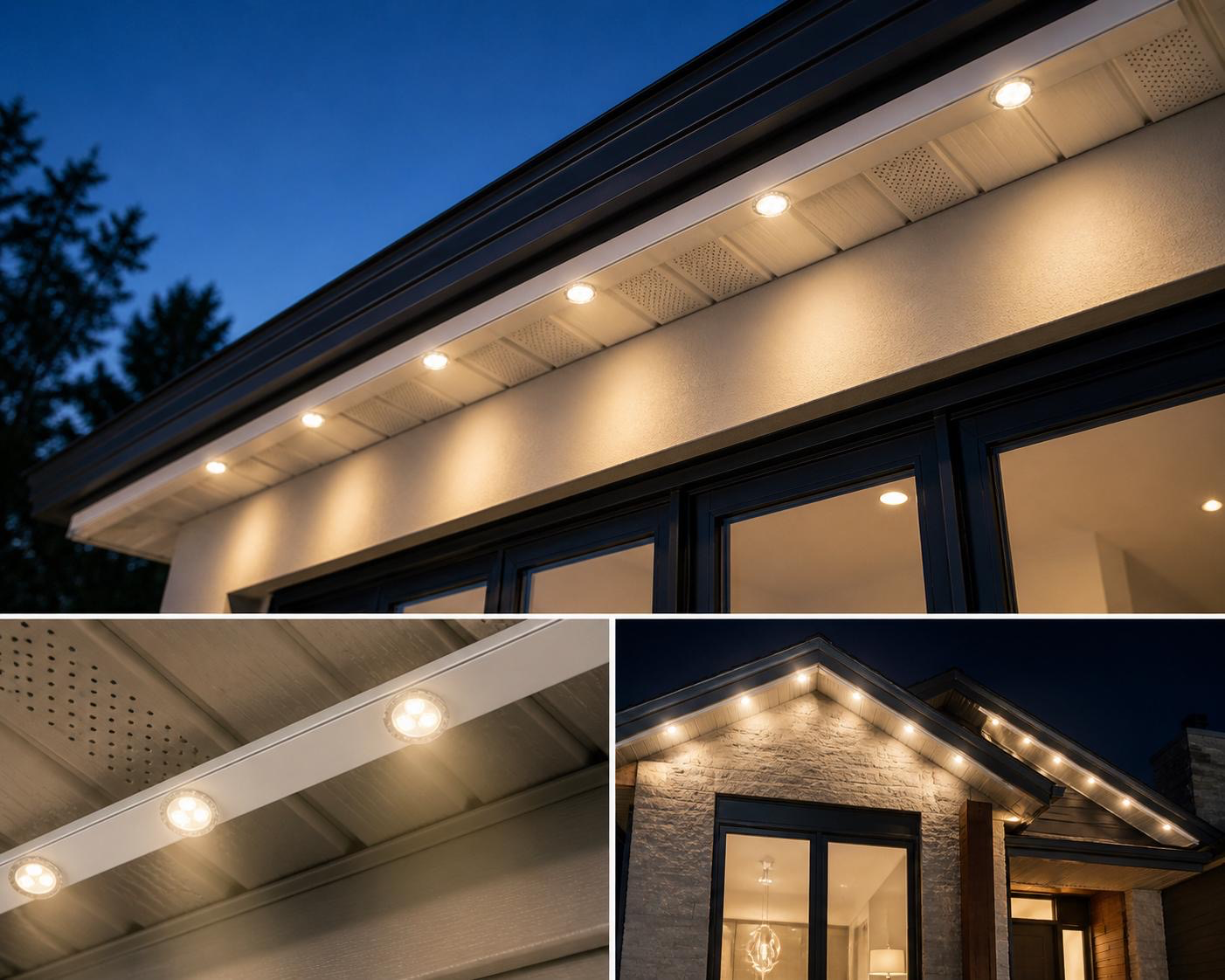 Permanent soffit lighting installed on home exterior